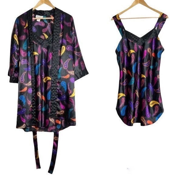 Vintage 90s J.O Intimates Paisley Print Chemise Nightgown and Robe Set - Picture 1 of 6
